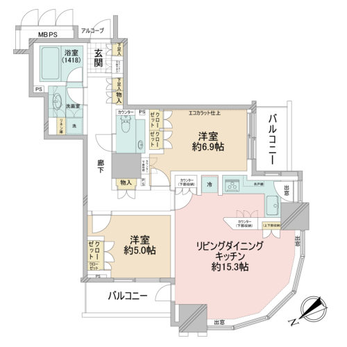 間取り、2LDK、角部屋、68.45㎡