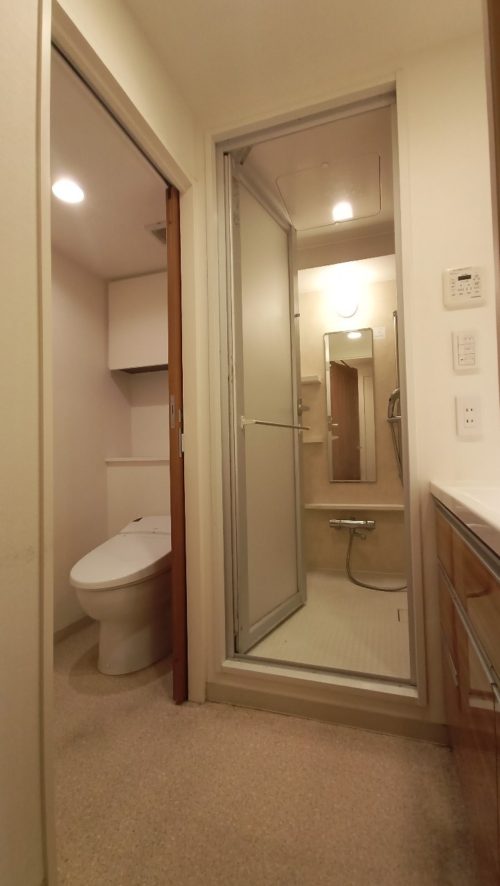 洗面室。右手には独立洗面台があります。