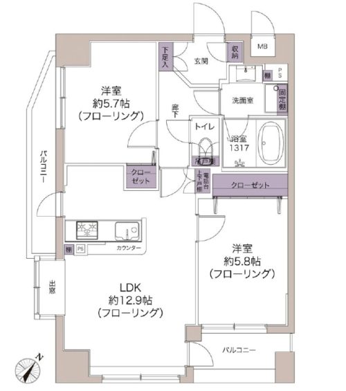 間取り、2LDK、56.88㎡
