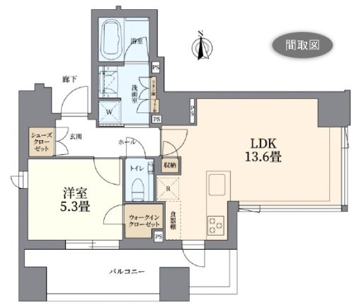 間取り、1LDK、47.38㎡、東南西の3方角部屋