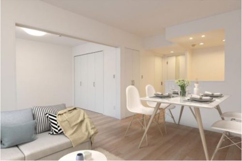 LDK12.3帖、対面式システムキッチン、リビング収納