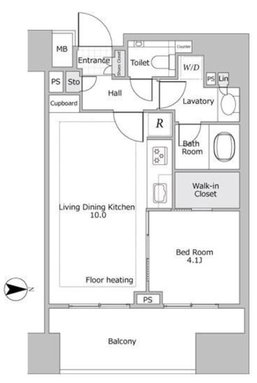 間取り、1LDK、37.08㎡、角部屋