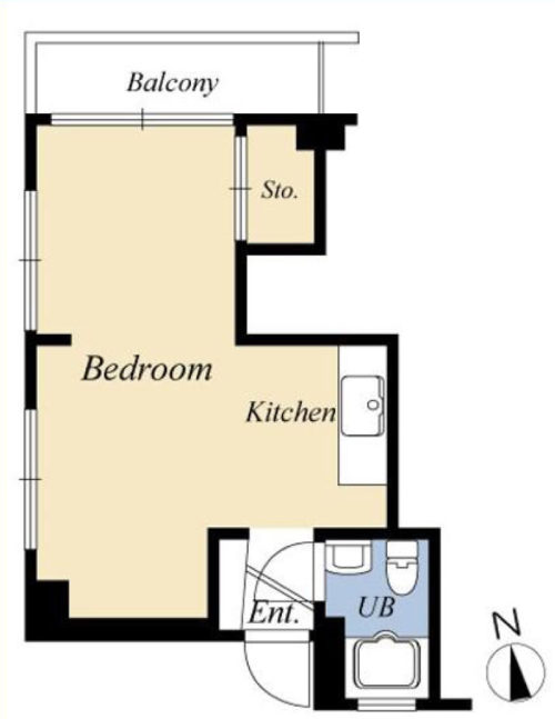 間取り、1K、26.45㎡、角部屋2面採光