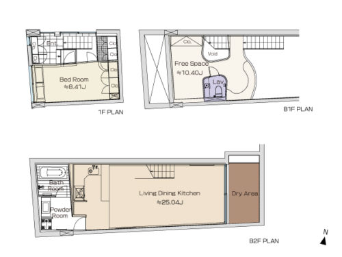 間取り、1LDK+フリースペース、1階から地下2階部分のメゾネットタイプ、97.76㎡