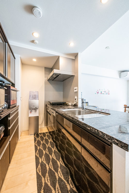 大理石調の天板のカウンターキッチン、食器洗浄乾燥機つき