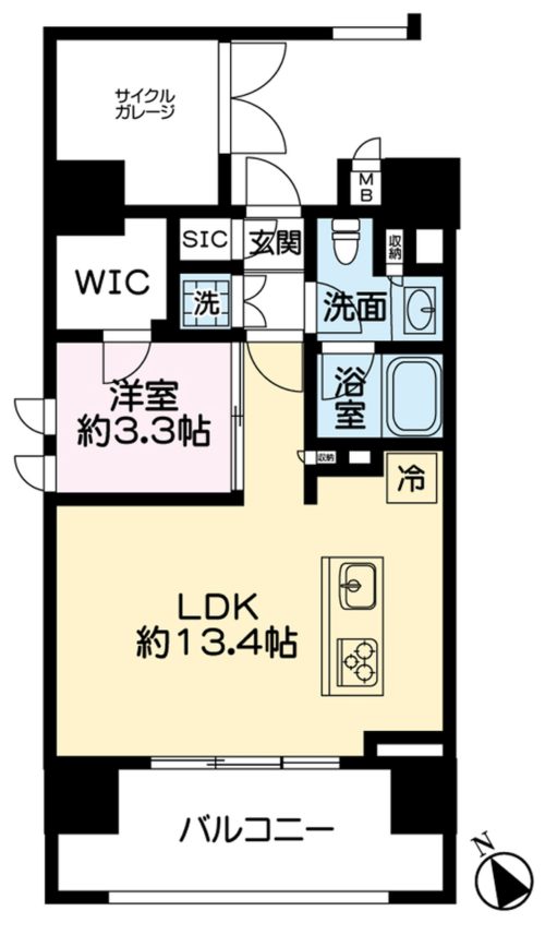 間取り、1LDK+サイクルガレージ、45.37㎡