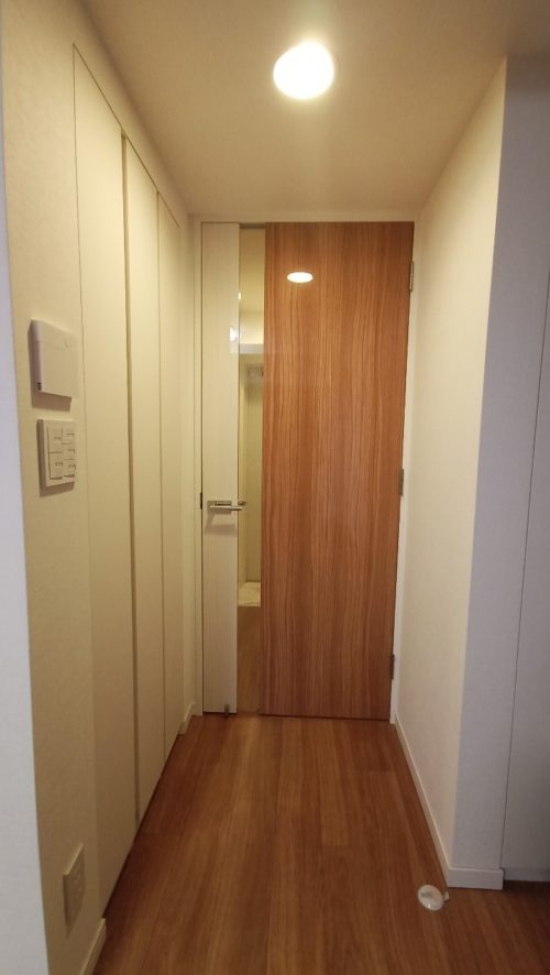 玄関から洋室への廊下。落ち着いた色合い。