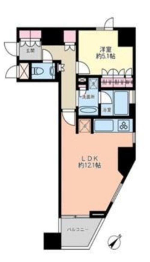 間取り、1LDK、45.38㎡、南東向き角住戸