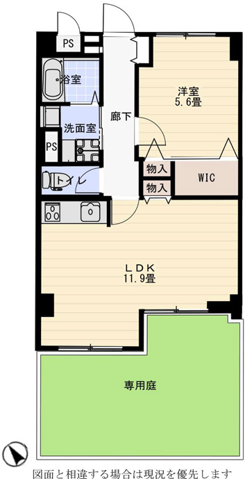 間取り、1LDK、43.74m2、専用庭