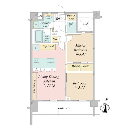 間取り、2LDK+WIC+SIC、54.08㎡