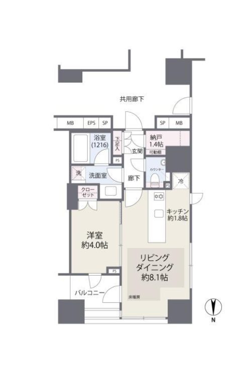 間取り、1LDK+納戸、37.00㎡、8階部分