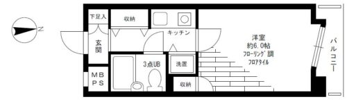 間取り、1K、20.08m2