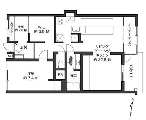 間取り、1LDK+WIC+土間、81.88㎡