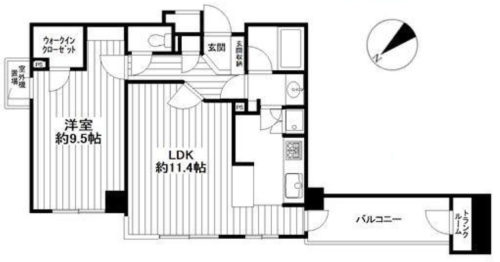 間取り、1LDK+WIC、55.58㎡、明治神宮前駅徒歩5分、1階部分（1階エントランスのため実質2階住戸）