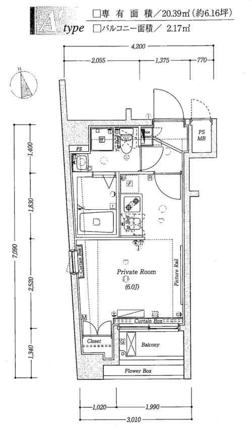 間取り、1K、バストイレ別、南西向き角部屋、20.39㎡